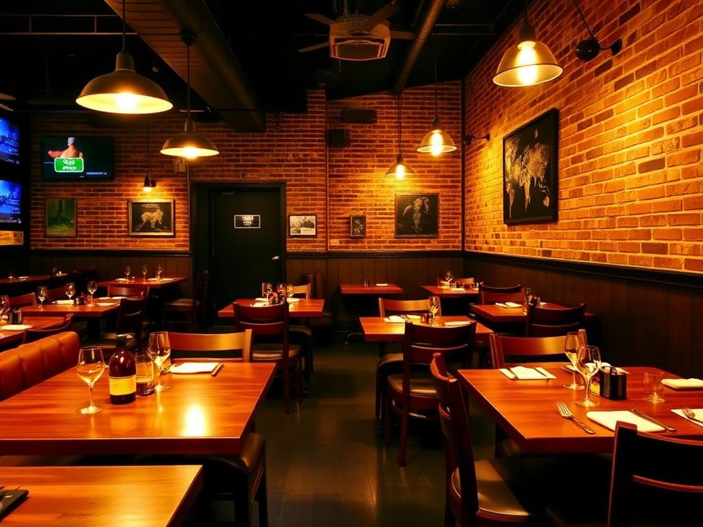 Salão aconchegante da Churrascaria Donatos com mesas de madeira e iluminação quente
