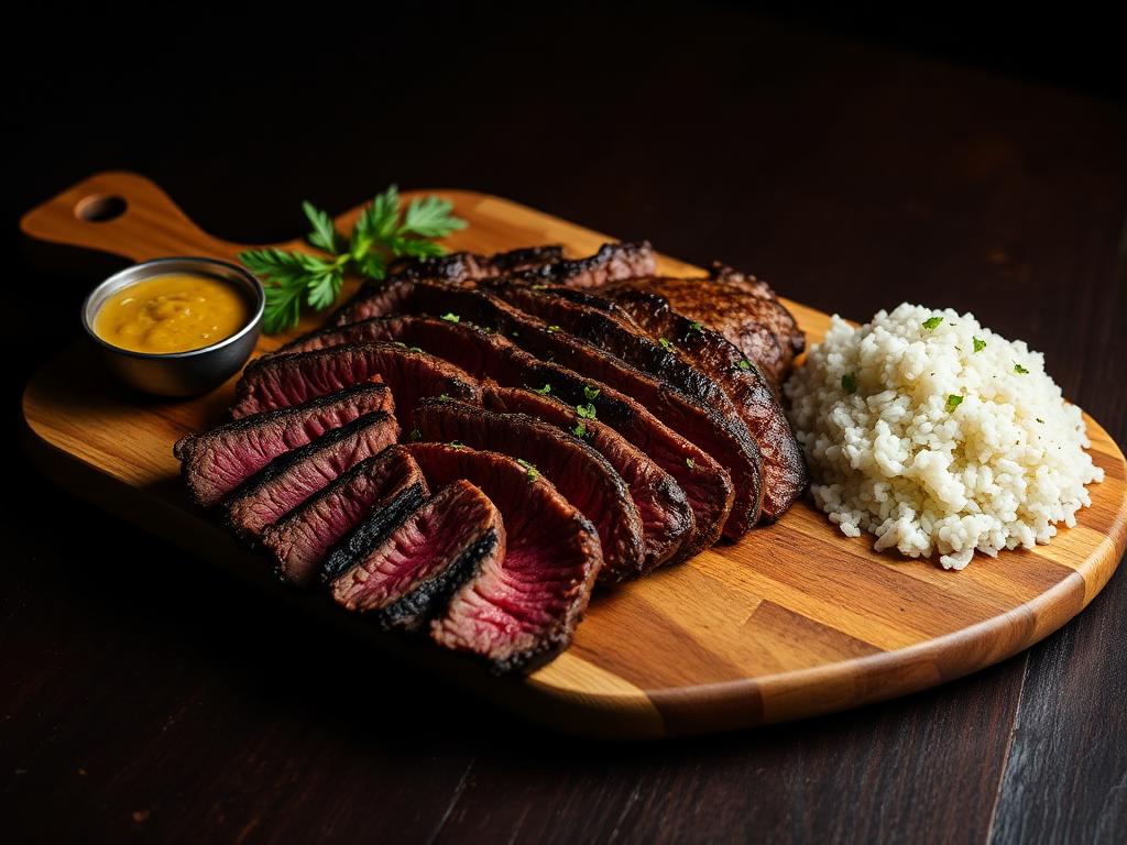 Picanha fatiada no ponto com arroz e molho